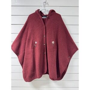 Giesswein Austria Boiled Wool Hooded Poncho Burgundy Red Embroidered Floral Cape